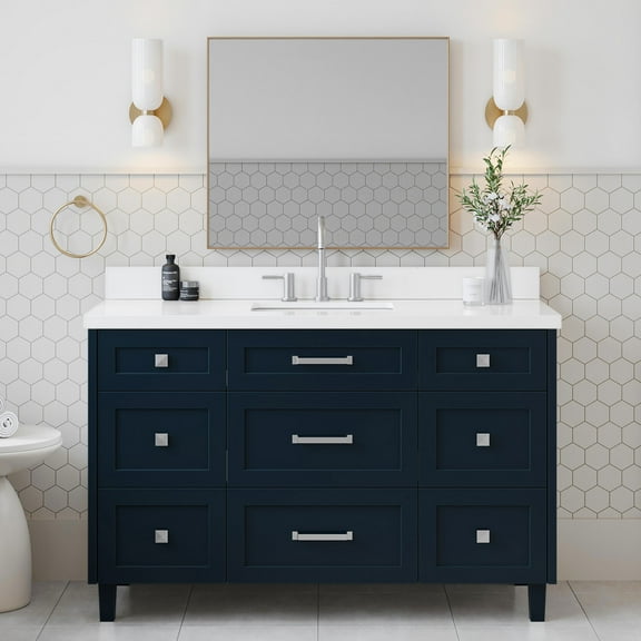 ARIEL Monroe 55 Inch Single Rectangle Sink Bathroom Vanity With Pure White Quartz Countertop 1.5 Inch Edge In Midnight Blue