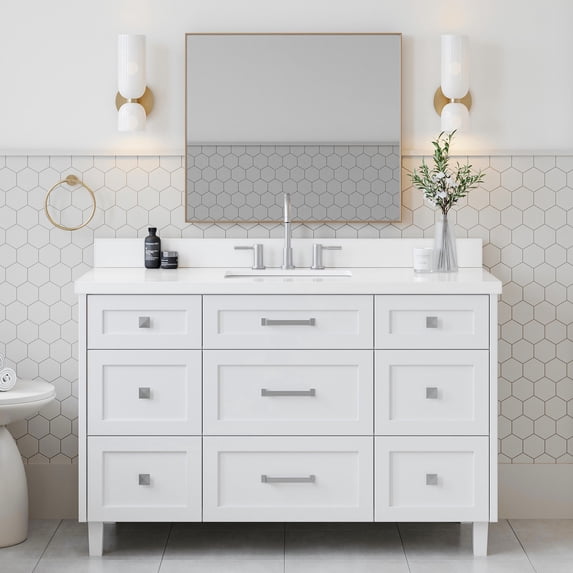 ARIEL Monroe 55 Inch Single Rectangle Sink Bathroom Vanity With Pure White Quartz Countertop 1.5 Inch Edge In White