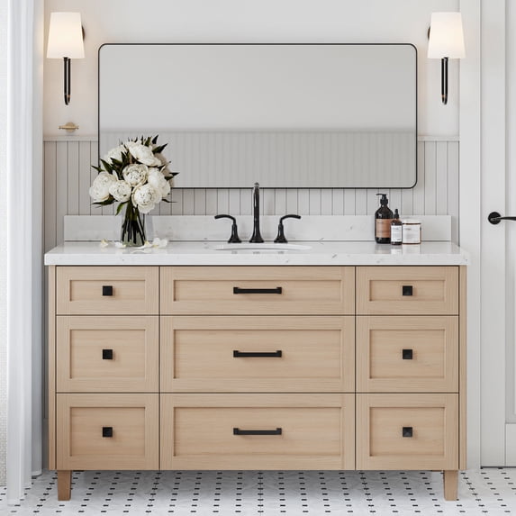 ARIEL Monroe 60 Inch Single Oval Sink Bathroom Vanity With Carrara White Quartz Countertop 1.5 Inch Edge In Oak