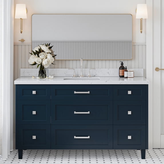 ARIEL Monroe 60 Inch Single Rectangle Sink Bathroom Vanity With Carrara White Quartz Countertop 1.5 Inch Edge In Midnight Blue