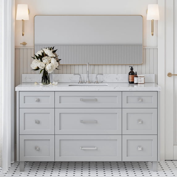 ARIEL Monroe 60 Inch Single Rectangle Sink Bathroom Vanity With Carrara White Quartz Countertop 1.5 Inch Edge In Grey