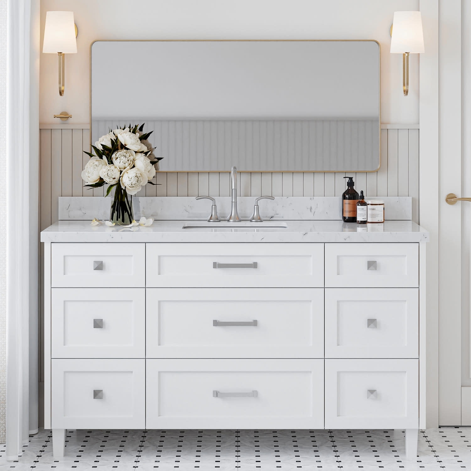 Monroe 60" White Single Sink Bathroom Vanity with Carrara Quartz Top
