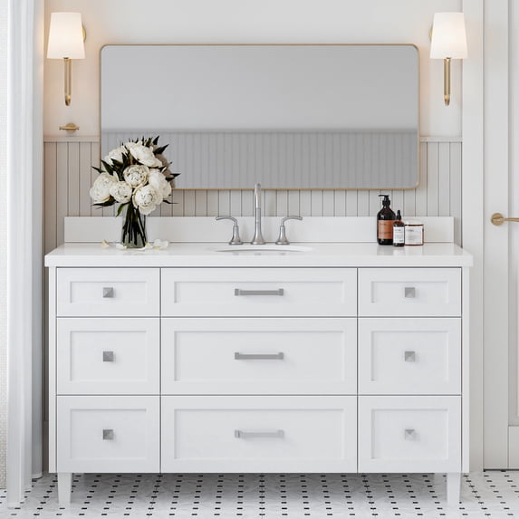 ARIEL Monroe 61 Inch Single Oval Sink Bathroom Vanity With Pure White Quartz Countertop 1.5 Inch Edge In White