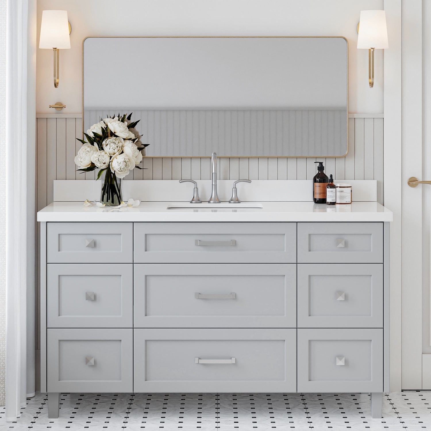ARIEL Monroe 61 Inch Single Rectangle Sink Bathroom Vanity With Pure White Quartz Countertop 1.5 Inch Edge In Grey