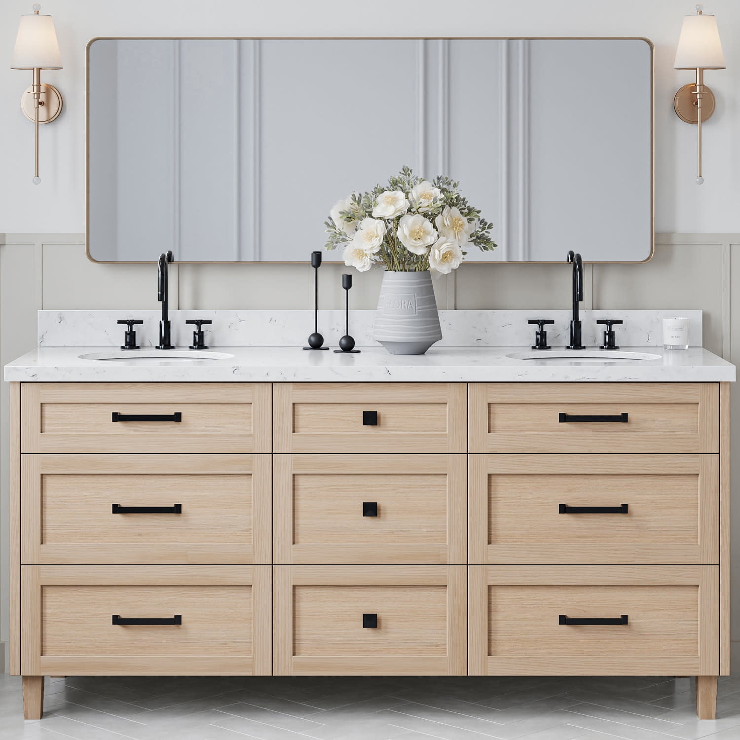 Monroe 72" Oak Double Sink Vanity with Carrara Quartz Top
