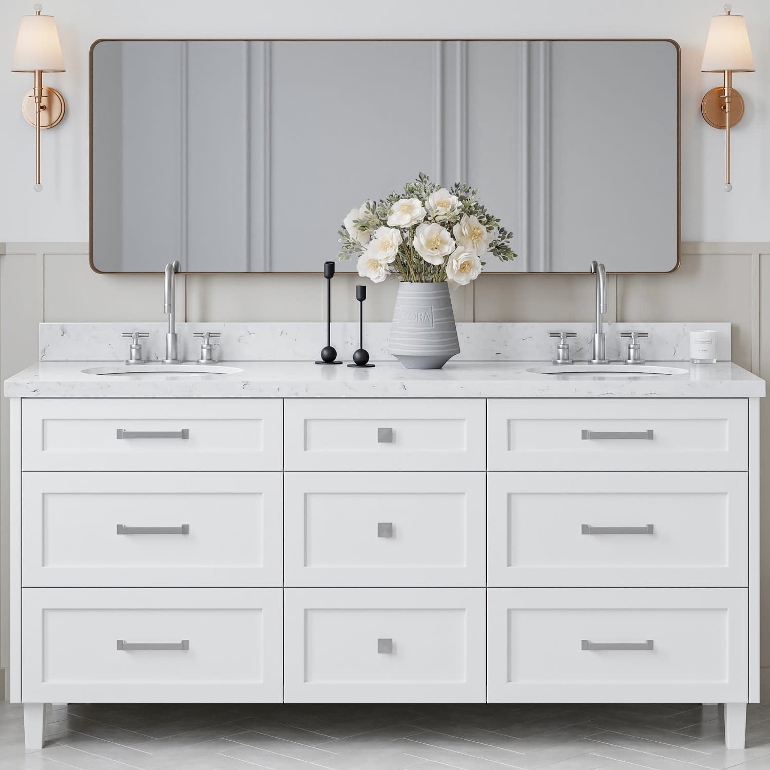 White Double Sink Bathroom Vanity with Carrara Quartz Top