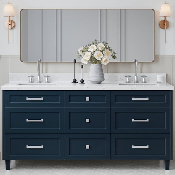 ARIEL Monroe 72 Inch Double Rectangle Sink Bathroom Vanity With Carrara White Quartz Countertop 1.5 Inch Edge In Midnight Blue