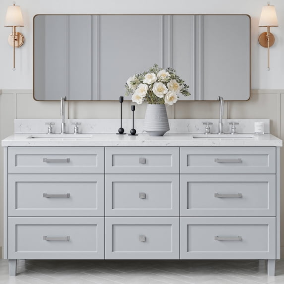 ARIEL Monroe 72 Inch Double Rectangle Sink Bathroom Vanity With Carrara White Quartz Countertop 1.5 Inch Edge In Grey