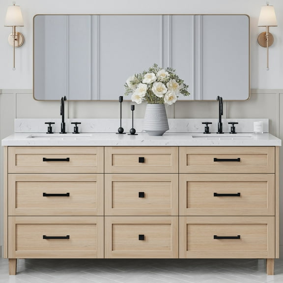 ARIEL Monroe 72 Inch Double Rectangle Sink Bathroom Vanity With Carrara White Quartz Countertop 1.5 Inch Edge In Oak