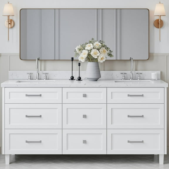 ARIEL Monroe 72 Inch Double Rectangle Sink Bathroom Vanity With Carrara White Quartz Countertop 1.5 Inch Edge In White