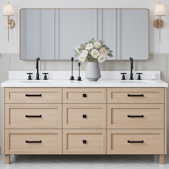 ARIEL Monroe 73 Inch Double Oval Sink Bathroom Vanity With Pure White Quartz Countertop 1.5 Inch Edge In Oak