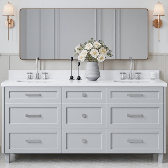 ARIEL Monroe 73 Inch Double Rectangle Sink Bathroom Vanity With Pure White Quartz Countertop 1.5 Inch Edge In Grey
