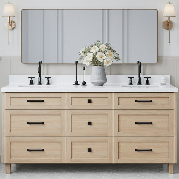 ARIEL Monroe 73 Inch Double Rectangle Sink Bathroom Vanity With Pure White Quartz Countertop 1.5 Inch Edge In Oak