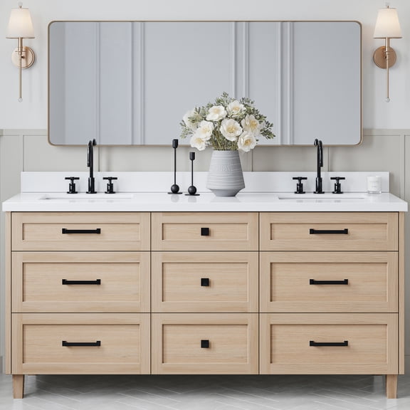 ARIEL Monroe 73 Inch Double Rectangle Sink Bathroom Vanity With Pure White Quartz Countertop 1.5 Inch Edge In Oak