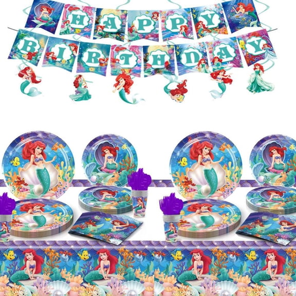 Ariel Birthday Party Decorations - Princess Themed Supplies Includes Plates, Cups, Napkins, Banner, Cutlery, Balloons, Tablecloth, Straws