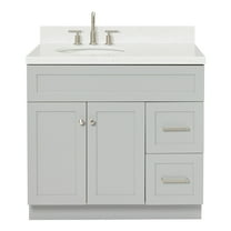 Ariel Hamlet 36 In. Left Offset Oval Sink Bathroom Vanity With Carrara White Quartz Countertop 1.5 Edge In Grey