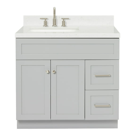 Ariel Hamlet 36 In. Left Offset Rectangle Sink Bathroom Vanity With Carrara White Quartz Countertop 1.5 Edge In Grey