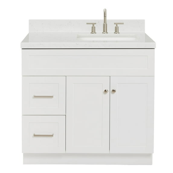 ARIEL Hamlet 36" White Bathroom Vanity, 1.5" Edge Carrara Quartz Countertop & Splash, Right Rectangular Sink, 2 Soft-Closing Doors, 2 Full Extension Drawers, Built in Toe Kick, Brushed Nickel