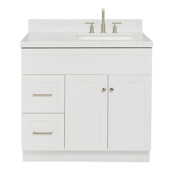 ARIEL Hamlet 36" White Bathroom Vanity, 1.5" Edge Carrara Quartz Countertop & Splash, Right Rectangular Sink, 2 Soft-Closing Doors, 2 Full Extension Drawers, Built in Toe Kick, Brushed Nickel
