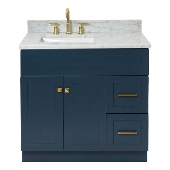 Ariel Hamlet 37 In. Left Offset Rectangle Sink Vanity With 0.75 In. Carrara White Countertop In Midnight Blue