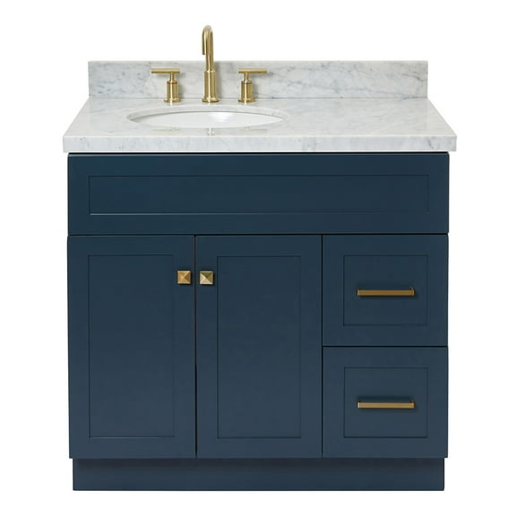 Ariel Hamlet 37 In. Left Offset Oval Sink Vanity With 1.5 In. Carrara White Countertop In Midnight Blue