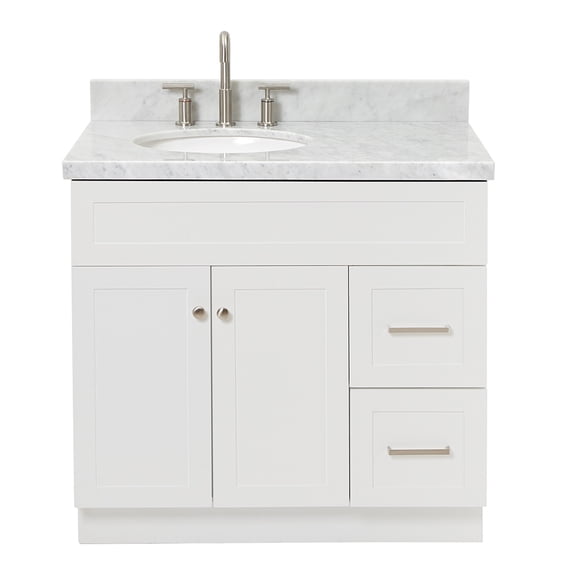 Ariel Hamlet 37 In. Left Offset Oval Sink Vanity With 1.5 In. Carrara White Countertop In White