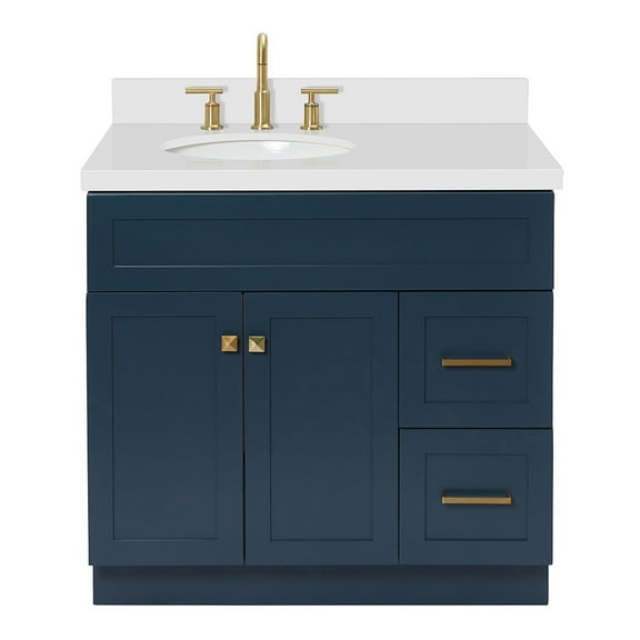 Ariel Hamlet 37 In. Left Offset Oval Sink Vanity With White Quartz Countertop In Midnight Blue