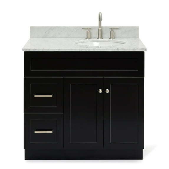 Ariel Hamlet 37 In. Right Offset Oval Sink Vanity With 0.75 In. Carrara White Countertop In Black
