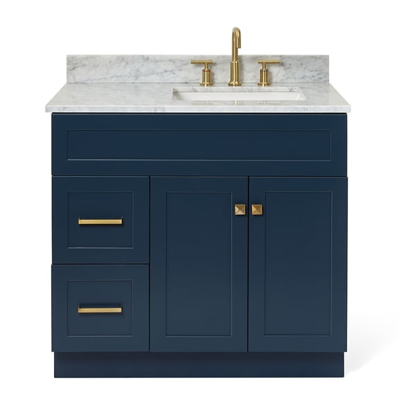 Ariel Hamlet 37 In. Right Offset Rectangle Sink Vanity With 0.75 In. Carrara White Countertop In Midnight Blue