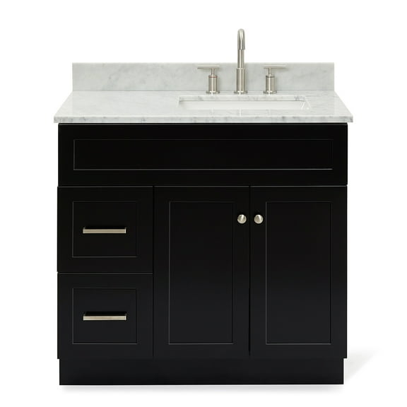 Ariel Hamlet 37 In. Right Offset Rectangle Sink Vanity With 0.75 In. Carrara White Countertop In Black