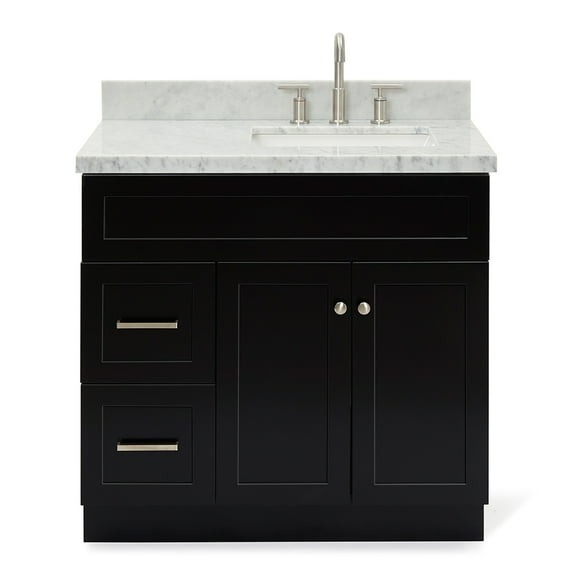 Ariel Hamlet 37 In. Right Offset Rectangle Sink Vanity With 1.5 In. Carrara White Countertop In Black