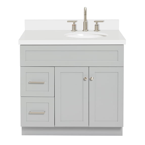 Ariel Hamlet 37 In. Right Offset Oval Sink Vanity With White Quartz Countertop In Grey