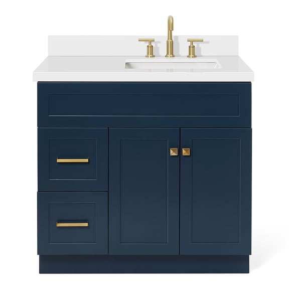 Ariel Hamlet 37 In. Right Offset Rectangle Sink Vanity With White Quartz Countertop In Midnight Blue