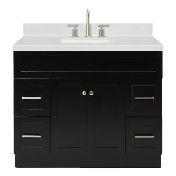 ARIEL Hamlet 42 Inch Single Sink Bathroom Vanity in Black, 1.5" Edge Carrara Quartz Top, Solid Wood, Rectangular Sink, 2 Soft Closing Doors, 4 Full Extension Dovetail Drawers, Toe Kick