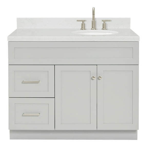Ariel Hamlet 42 In. Right Offset Oval Sink Bathroom Vanity With Carrara White Quartz Countertop 1.5 Edge In Grey