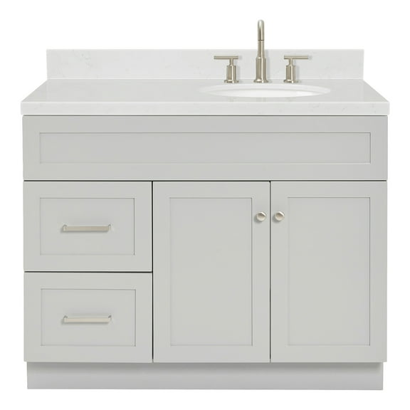 Ariel Hamlet 42 In. Right Offset Oval Sink Bathroom Vanity With Carrara White Quartz Countertop 1.5 Edge In Grey