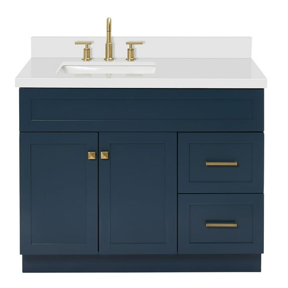ARIEL Hamlet 43 Inch Single Sink Bathroom Vanity in Midnight Blue, 1.5" Edge Quartz Top, Solid Wood, Left Rectangular Sink, 2 Soft-Closing Doors & 2 Full Extension Drawers, Toe Kick