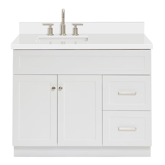 ARIEL Hamlet 43 Inch Single Sink Bathroom Vanity in White, 1.5" Edge Quartz Top, Solid Wood, Left Rectangular Sink, 2 Soft-Closing Doors & 2 Full Extension Drawers, Toe Kick