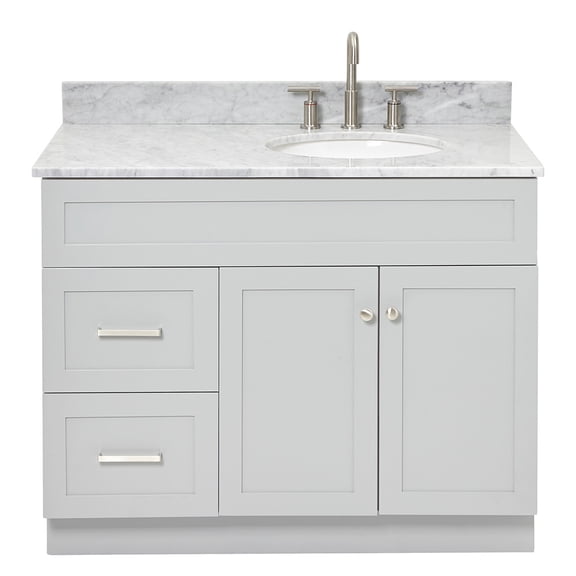 Ariel Hamlet 43 In. Right Offset Oval Sink Vanity With 0.75 In. Carrara White Countertop In Grey