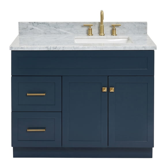 Ariel Hamlet 43 In. Right Offset Rectangle Sink Vanity With 0.75 In. Carrara White Countertop In Midnight Blue