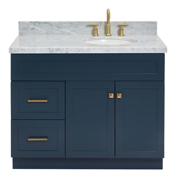Ariel Hamlet 43 In. Right Offset Oval Sink Vanity With 1.5 In. Carrara White Countertop In Midnight Blue