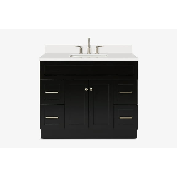ARIEL Hamlet 43 Inch Single Sink Bathroom Vanity in Black, 1.5" Edge Quartz Top, Solid Wood, Rectangular Sink, 2 Soft Closing Doors, 4 Full Extension Dovetail Drawers, Toe Kick