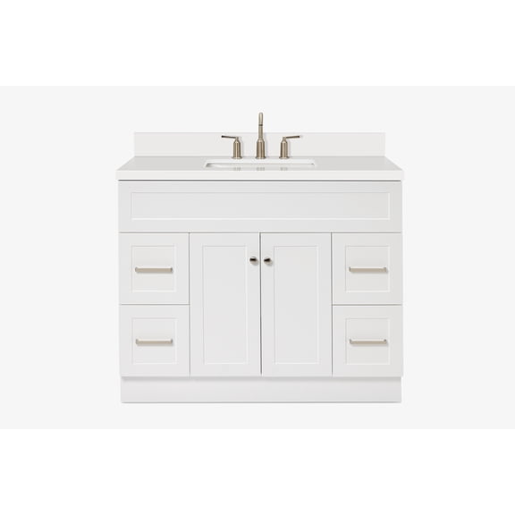ARIEL Hamlet 43 Inch Single Sink Bathroom Vanity in White, 1.5" Edge Quartz Top, Solid Wood, Rectangular Sink, 2 Soft Closing Doors, 4 Full Extension Dovetail Drawers, Toe Kick