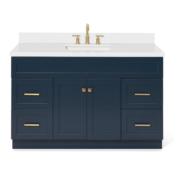 ARIEL 55" Midnight Blue Bathroom Vanity, 1.5" Edge Pure White Quartz Countertop & Splash, Rectangular Sink, 2 Soft Closing Doors, 4 Full Extension Dovetail Drawers, Toe Kick, Satin Brass
