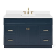 ARIEL 55" Midnight Blue Bathroom Vanity, 1.5" Edge Pure White Quartz Countertop & Splash, Rectangular Sink, 2 Soft Closing Doors, 4 Full Extension Dovetail Drawers, Toe Kick, Satin Brass