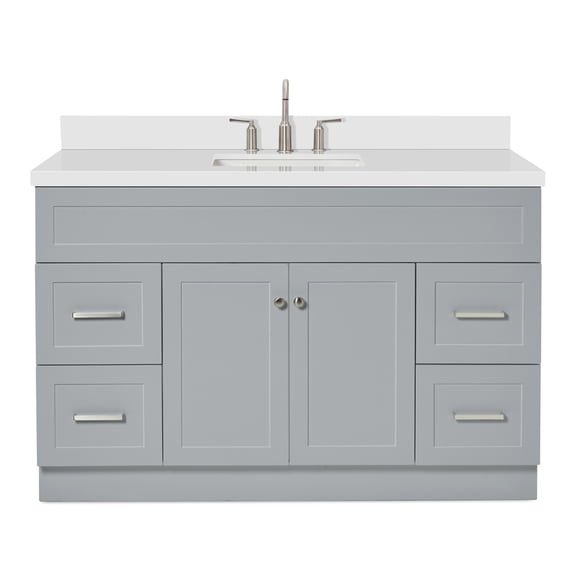 ARIEL 55" Inch Bathroom Vanity in White with 1.5" Inch Thick Edge White Quartz Countertop, 2 Soft Closing Doors & 4 Full Extension Dovetail Drawers, Built in Toe Kick, Satin Nickel, No Mirror (Grey)