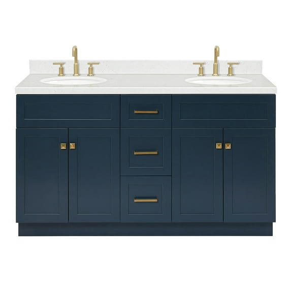 Ariel Hamlet 60 In. Double Oval Sink Bathroom Vanity With Carrara White Quartz Countertop 1.5 Edge In Midnight Blue