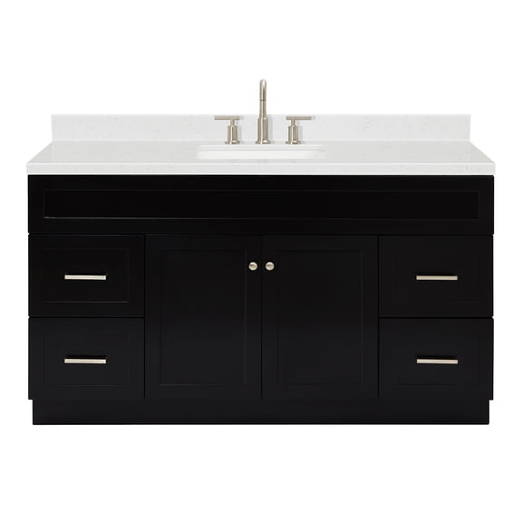 ARIEL Hamlet 60" Black Bathroom Vanity, 1.5" Edge Carrara Quartz Countertop, Single Oval Sink, 2 Soft Closing Doors, 4 Full Extension Dovetail Drawers, Toe Kick, Brushed Nickel