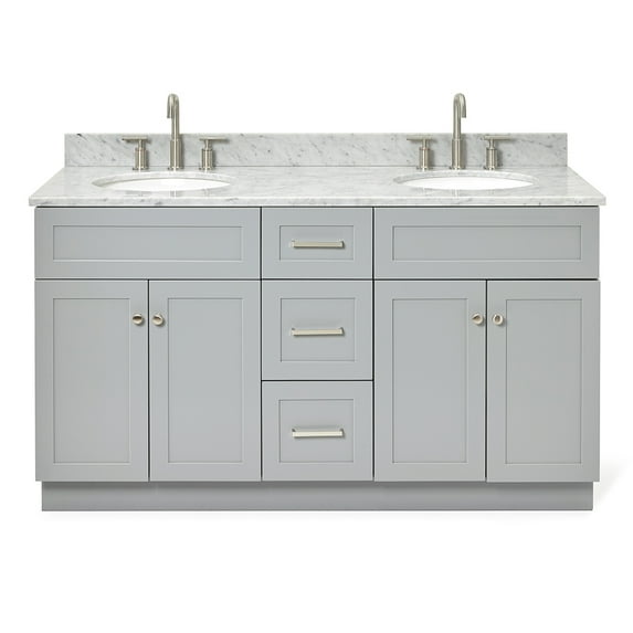 Ariel Hamlet 61 In. Double Oval Sink Vanity With 0.75 In. Carrara White Countertop In Grey