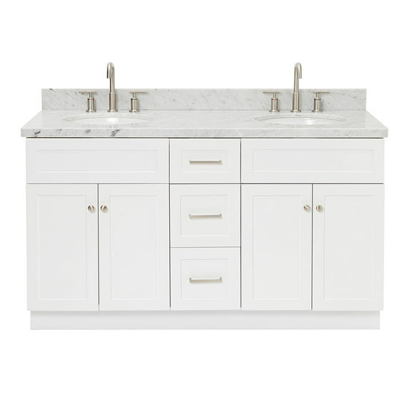 Ariel Hamlet 61 In. Double Oval Sink Vanity With 1.5 In. Carrara White Countertop In White